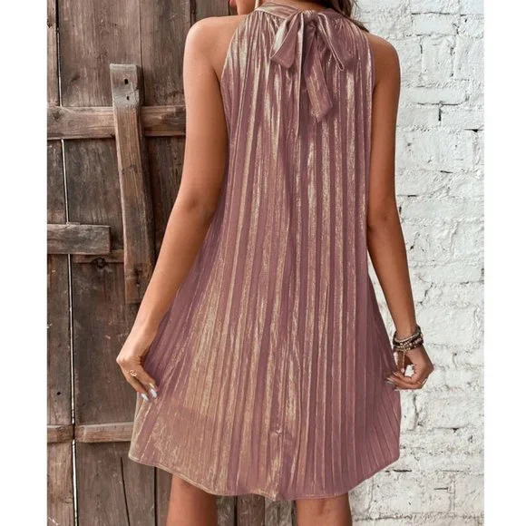 Dusty Pink Metallic Pleated Halter Neck tied back Mini Dress - Picture 2 of 6